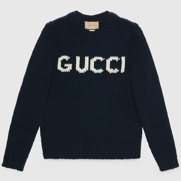 Gucci Men GG Wool Top Gucci Intarsia Black Ivory Wool Crewneck Dropped Shoulder Long Sleeves Rib