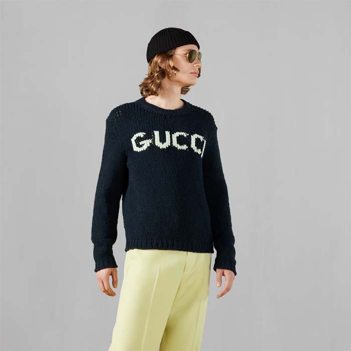 Gucci Men GG Wool Top Gucci Intarsia Black Ivory Wool Crewneck Dropped Shoulder Long Sleeves Rib (9)