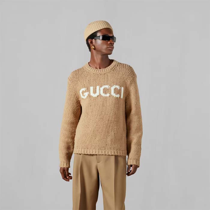 Gucci Men GG Wool Top Gucci Intarsia Camel Wool Crewneck Dropped Shoulder Long Sleeves Rib (2)
