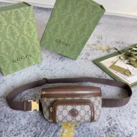 Gucci Unisex Belt Bag Interlocking G Beige Ebony GG Supreme Canvas Brown Leather (13)
