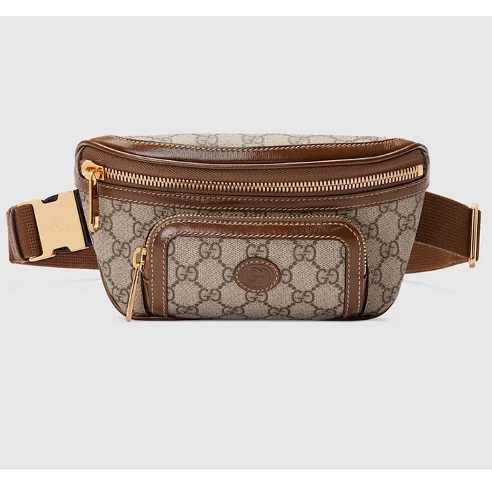 Gucci Unisex Belt Bag Interlocking G Beige Ebony GG Supreme Canvas Brown Leather
