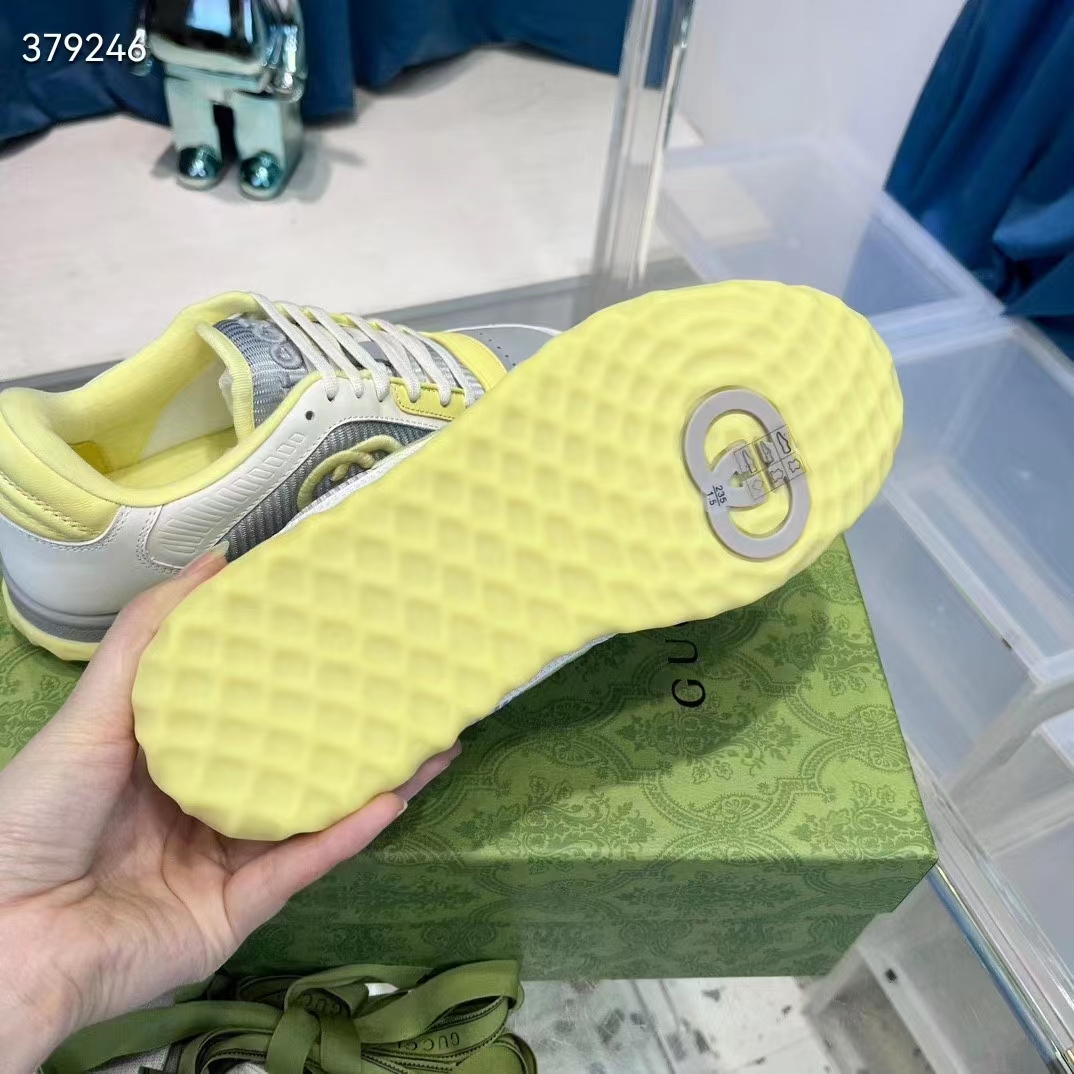 Gucci Unisex GG MAC80 Sneaker Off White Yellow Leather Grey Fabric Interlocking G Round Toe Rubber Flat (10)