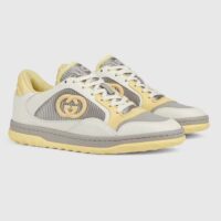 Gucci Unisex GG MAC80 Sneaker Off White Yellow Leather Grey Fabric Interlocking G Round Toe Rubber Flat (11)