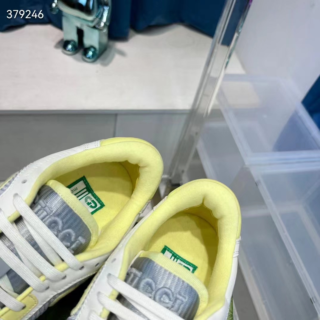 Gucci Unisex GG MAC80 Sneaker Off White Yellow Leather Grey Fabric Interlocking G Round Toe Rubber Flat (2)
