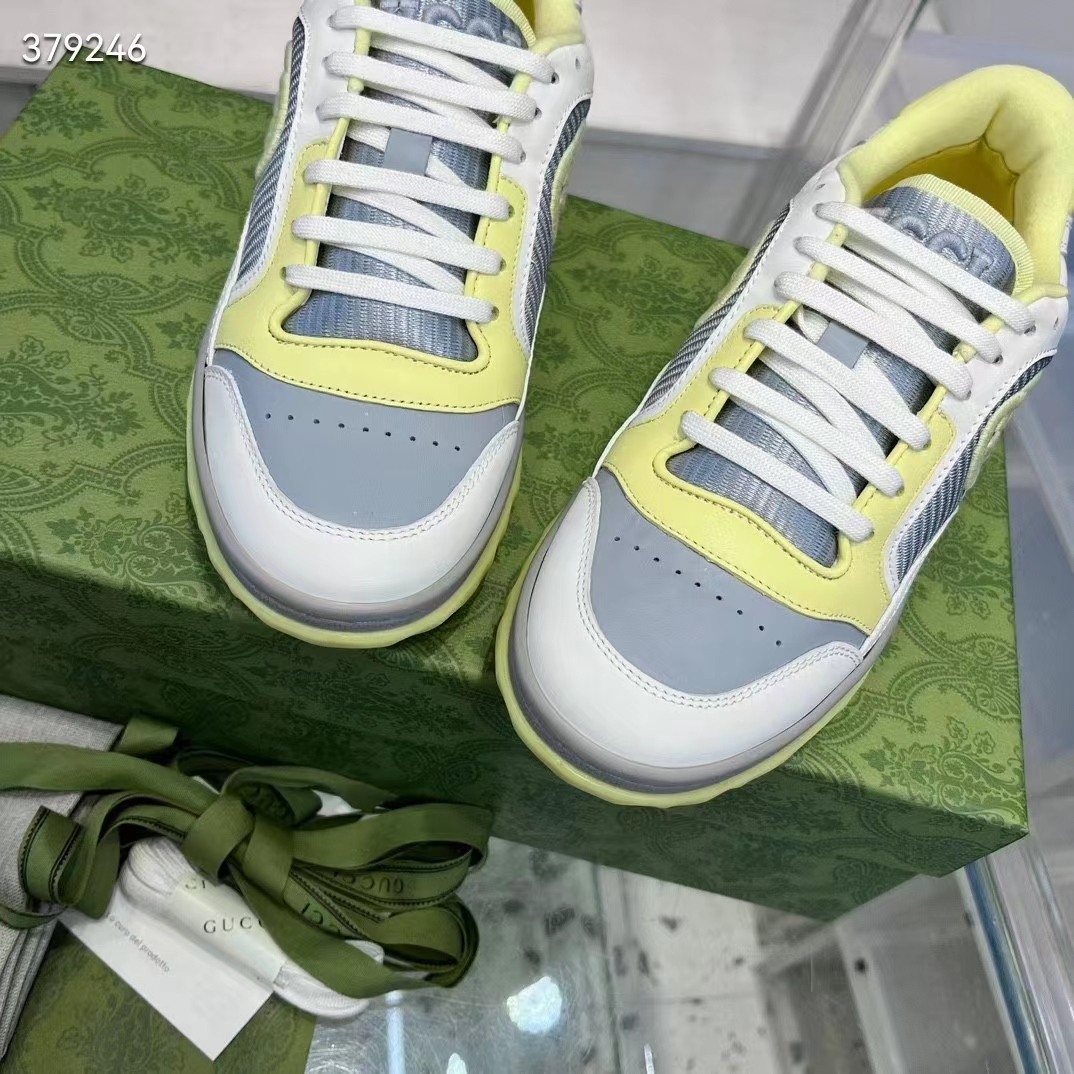 Gucci Unisex GG MAC80 Sneaker Off White Yellow Leather Grey Fabric Interlocking G Round Toe Rubber Flat (6)