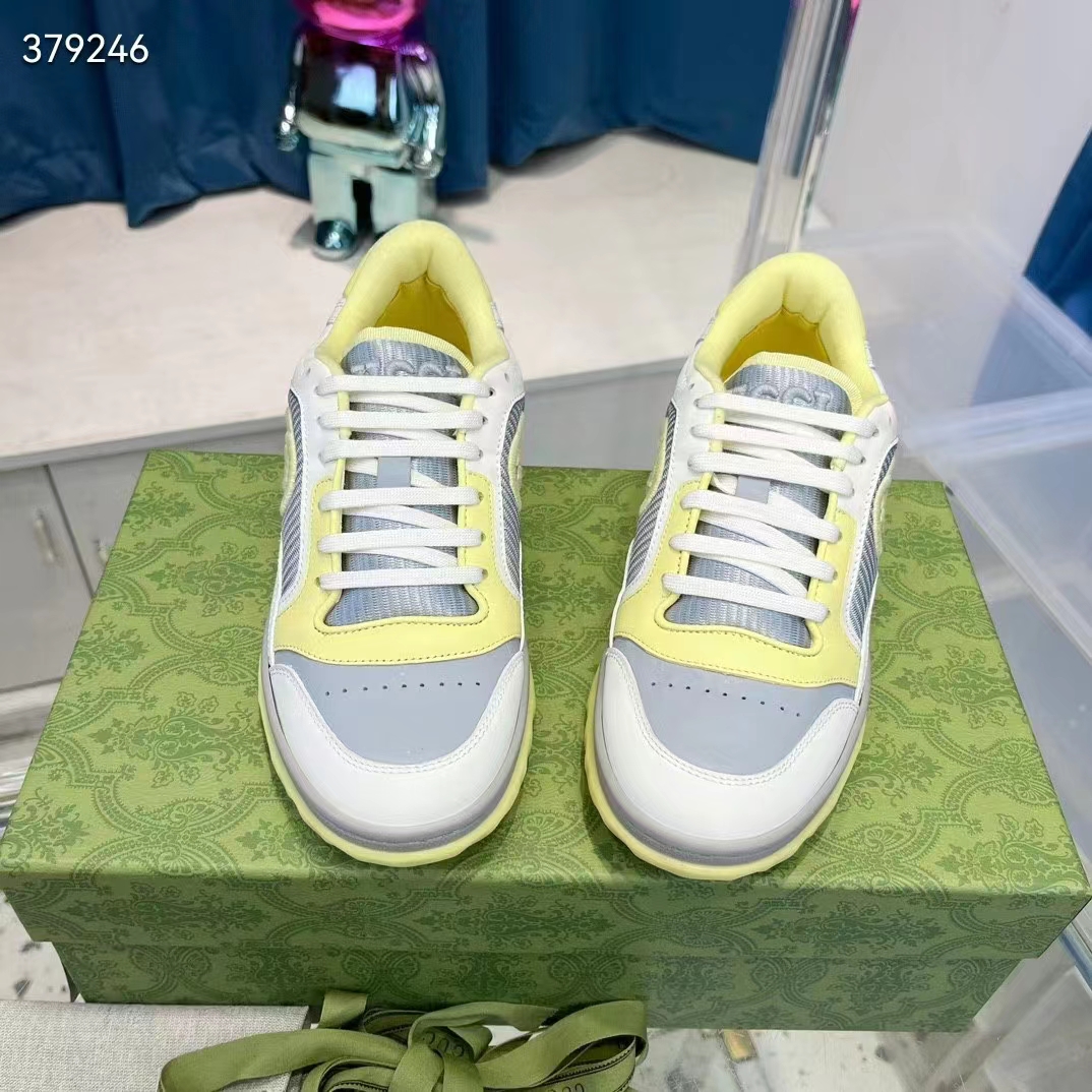 Gucci Unisex GG MAC80 Sneaker Off White Yellow Leather Grey Fabric Interlocking G Round Toe Rubber Flat (7)