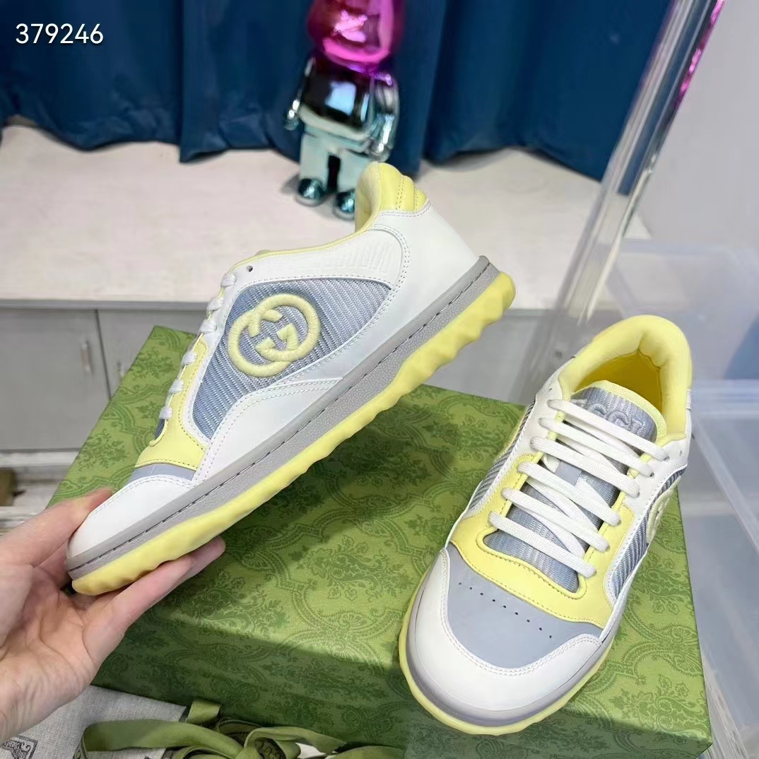Gucci Unisex GG MAC80 Sneaker Off White Yellow Leather Grey Fabric Interlocking G Round Toe Rubber Flat (8)