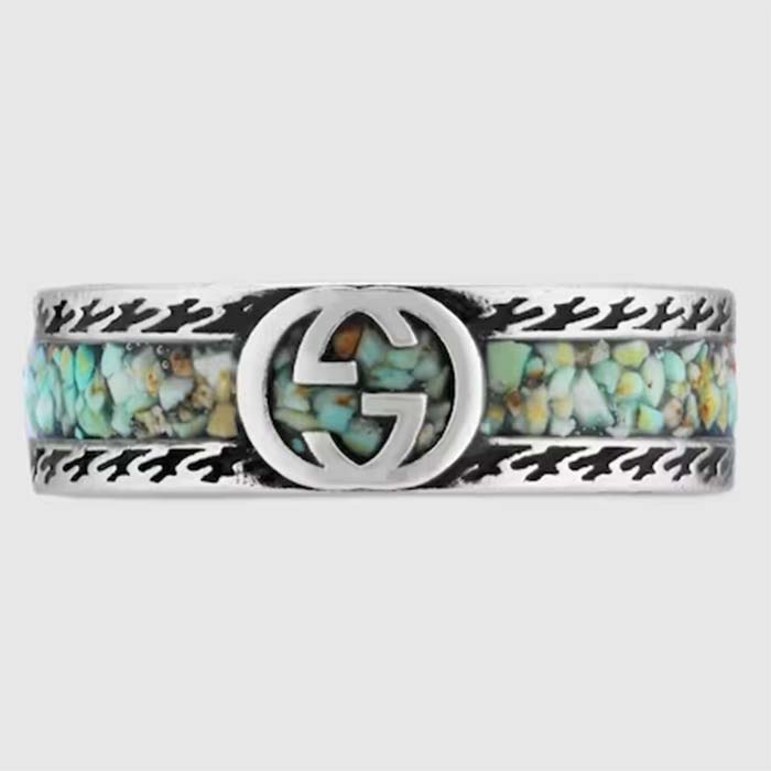 Gucci Unisex GG Ring Interlocking G 925 Sterling Silver Brown Turquoise Enamel Engraved Trim (1)