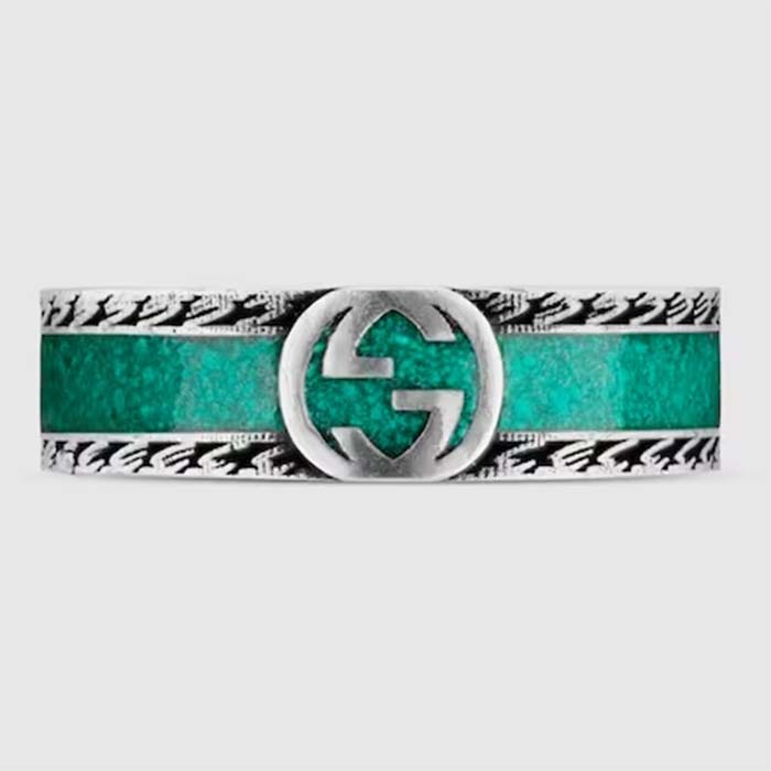 Gucci Unisex GG Ring Interlocking G 925 Sterling Silver Turquoise Enamel Textured Trim (1)