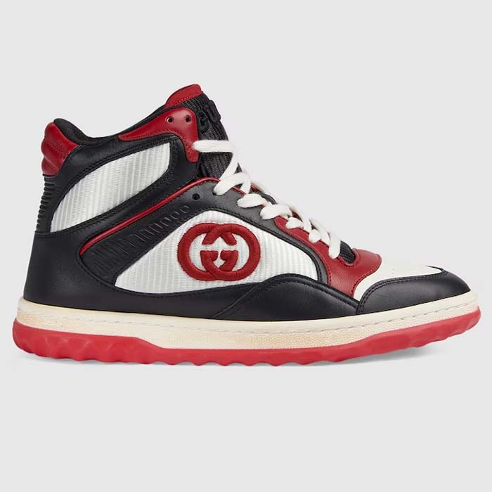 Gucci Unisex Mac80 High Top Sneaker Off Black Red Leather Round Toe Rubber Sole Flat