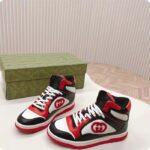 Gucci Unisex Mac80 High Top Sneaker Off Black Red Leather Round Toe Rubber Sole Flat - Image 4