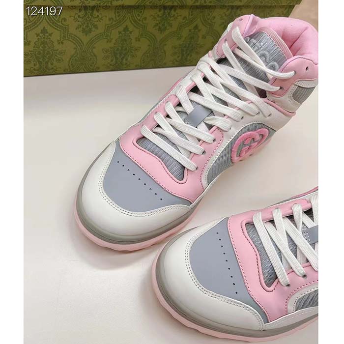 Gucci Unisex Mac80 High Top Sneaker Off White Pink Leather Round Toe Rubber Sole Flat