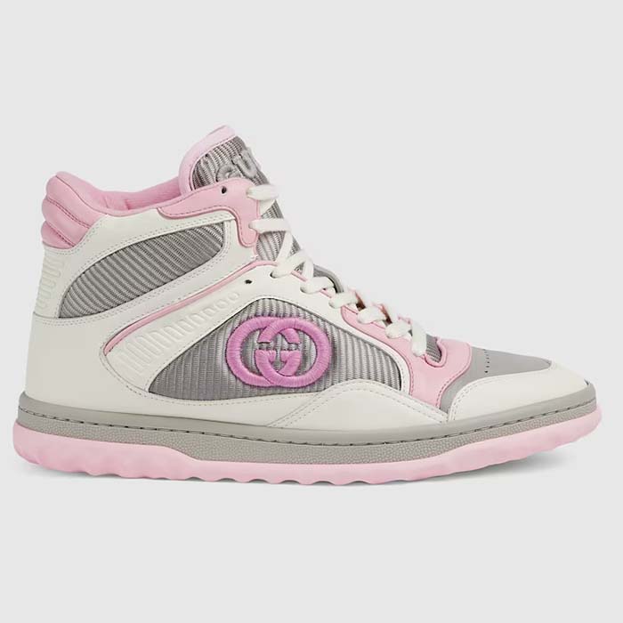 Gucci Unisex Mac80 High Top Sneaker Off White Pink Leather Round Toe Rubber Sole Flat