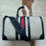 Gucci Unisex Savoy Small Duffle Bag Beige Blue GG Supreme Canvas Blue Leather – Image 3