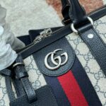 Gucci Unisex Savoy Small Duffle Bag Beige Blue GG Supreme Canvas Blue Leather – Image 7
