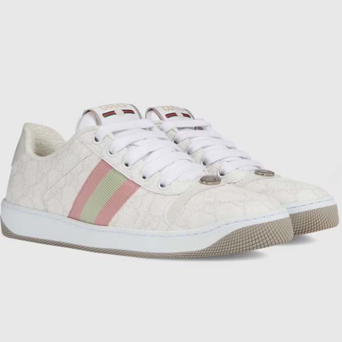 Gucci Unisex Screener Sneaker White GG Supreme Canvas Rubber Sole Lace-Up Low Heel