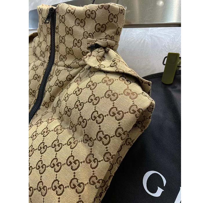 Gucci Men Canvas Padded Gilet GG Canvas Lined Concealed Hood High Neck Sleeveless