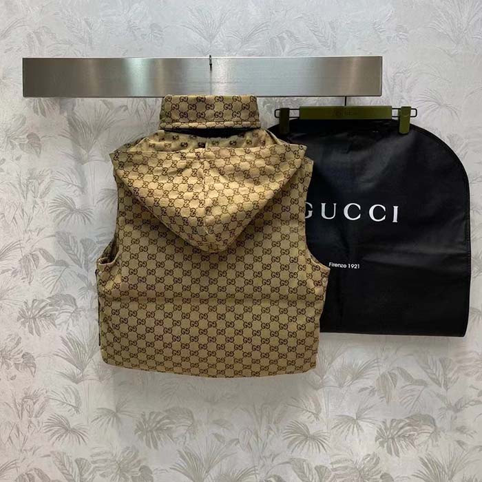 Gucci Men Canvas Padded Gilet GG Canvas Lined Concealed Hood High Neck Sleeveless