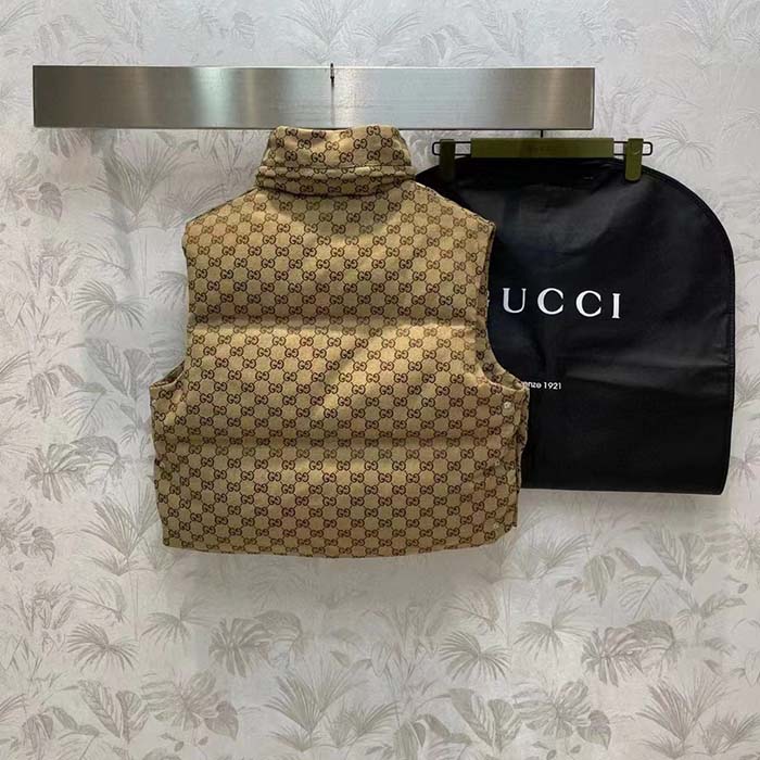 Gucci Men Canvas Padded Gilet GG Canvas Lined Concealed Hood High Neck Sleeveless