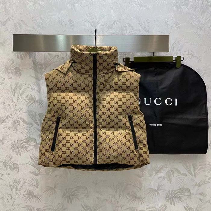 Gucci Men Canvas Padded Gilet GG Canvas Lined Concealed Hood High Neck Sleeveless