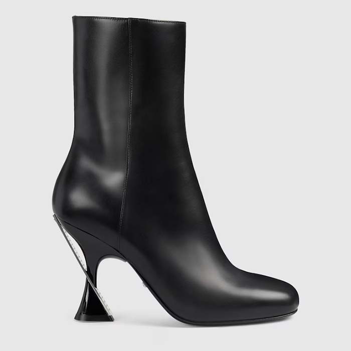 Gucci Women GG Ankle Boot Black Leather Geometric Heel Metal Inserts High-Heel