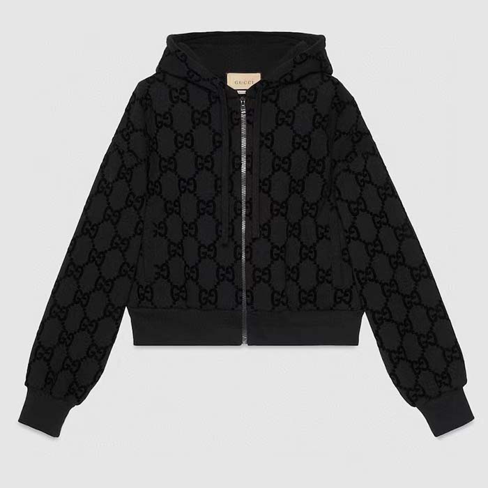 Gucci Women GG Brushed Cotton Hooded Sweatshirt Black Fixed Hood Dropped Shoulder Long Sleeves
