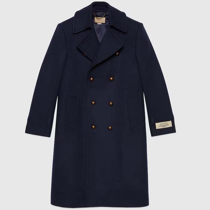Gucci Men GG Felt Wool Coat Dark Navy Metal Buttons Gucci Cities Label Fully Lined