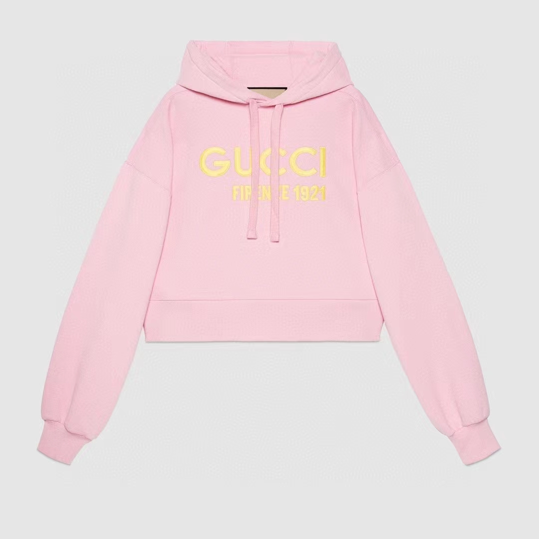 Gucci Women GG Hooded Sweatshirt Embroidery Firenze 1921 Drawstring Closure Dropped Shoulder Long Sleeves