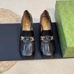 Gucci Women GG Interlocking G Mid-Heel Pump Black Leather Enameled Interlocking G Chain – Image 3