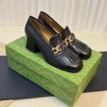 Gucci Women GG Interlocking G Mid-Heel Pump Black Leather Enameled Interlocking G Chain – Image 2