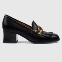 Gucci Women GG Interlocking G Mid-Heel Pump Black Leather Enameled Interlocking G Chain (5)