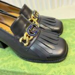 Gucci Women GG Interlocking G Mid-Heel Pump Black Leather Enameled Interlocking G Chain – Image 5