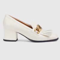 Gucci Women GG Interlocking G Mid-Heel Pump White Leather Enameled Interlocking G Chain (6)