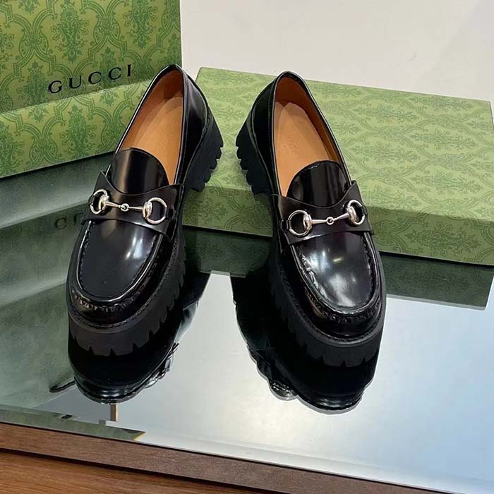 Gucci Women GG Loafer Horsebit Black Leather Rubber Lug Sole Flat