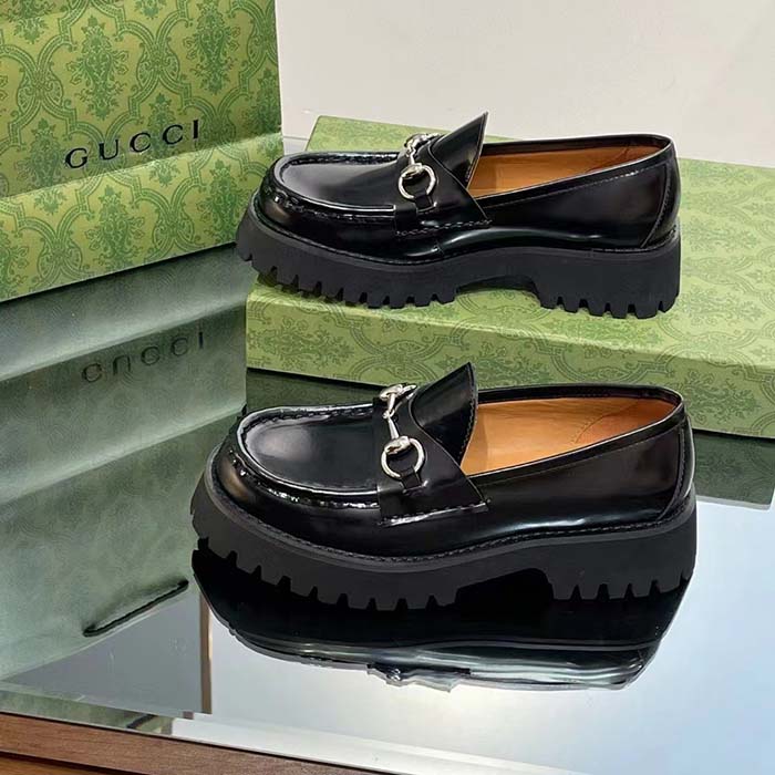 Gucci Women GG Loafer Horsebit Black Leather Rubber Lug Sole Flat
