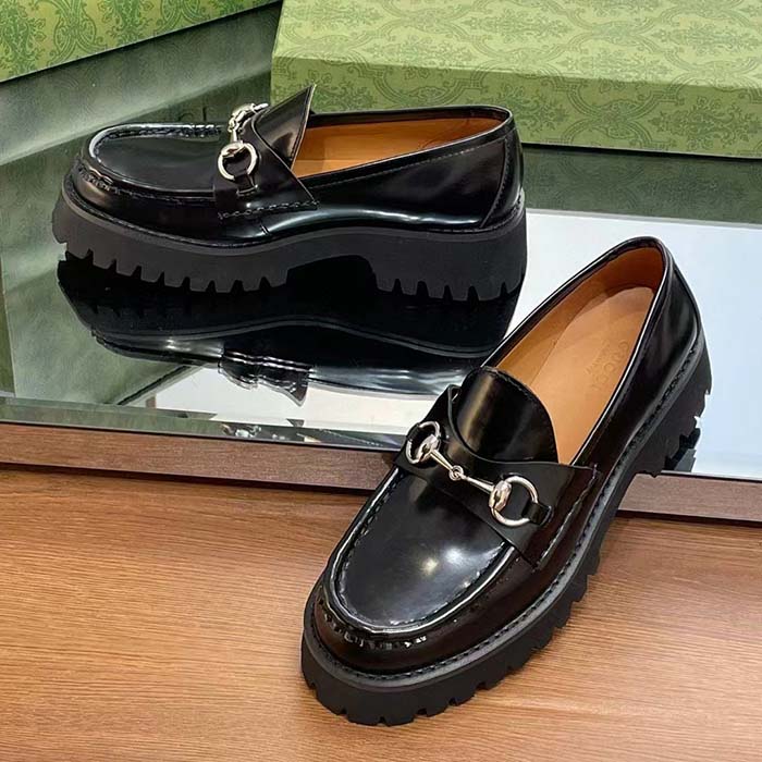 Gucci Women GG Loafer Horsebit Black Leather Rubber Lug Sole Flat