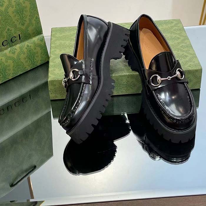 Gucci Women GG Loafer Horsebit Black Leather Rubber Lug Sole Flat