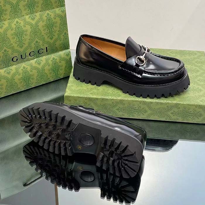 Gucci Women GG Loafer Horsebit Black Leather Rubber Lug Sole Flat