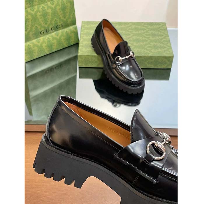 Gucci Women GG Loafer Horsebit Black Leather Rubber Lug Sole Flat