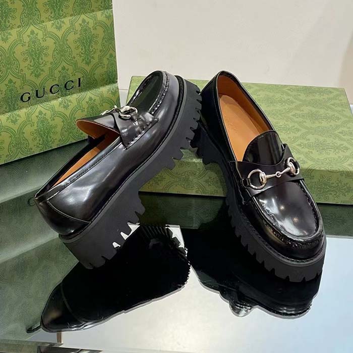 Gucci Women GG Loafer Horsebit Black Leather Rubber Lug Sole Flat