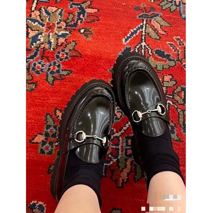 Gucci Women GG Loafer Horsebit Black Leather Rubber Lug Sole Flat