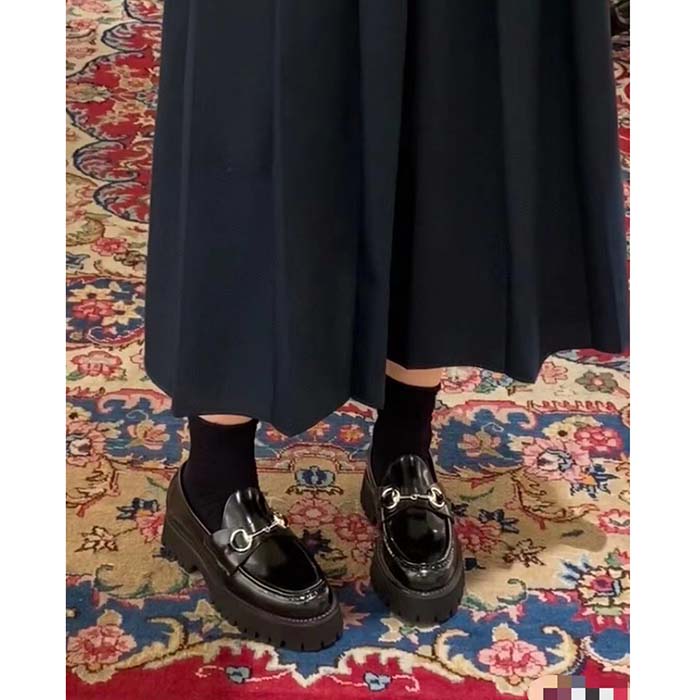 Gucci Women GG Loafer Horsebit Black Leather Rubber Lug Sole Flat