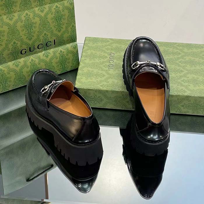 Gucci Women GG Loafer Horsebit Black Leather Rubber Lug Sole Flat