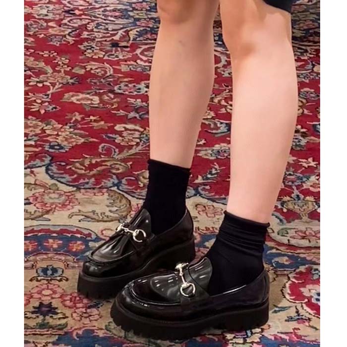 Gucci Women GG Loafer Horsebit Black Leather Rubber Lug Sole Flat