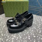 Gucci Women GG Loafer Horsebit Black Leather Rubber Lug Sole Low-Heel Ankle Buckle - Imagen 5