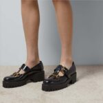 Gucci Women GG Loafer Horsebit Black Leather Rubber Lug Sole Low-Heel Ankle Buckle - Imagen 14