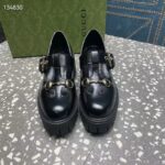 Gucci Women GG Loafer Horsebit Black Leather Rubber Lug Sole Low-Heel Ankle Buckle - Imagen 7