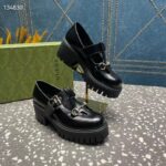 Gucci Women GG Loafer Horsebit Black Leather Rubber Lug Sole Low-Heel Ankle Buckle - Imagen 3