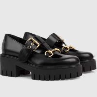 Gucci Women GG Loafer Horsebit Black Leather Rubber Lug Sole Low-Heel Ankle Buckle