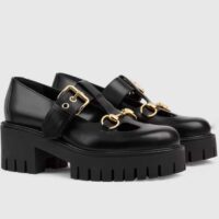 Gucci Women GG Loafer Horsebit Black Leather Rubber Lug Sole Low-Heel Ankle Buckle (7)